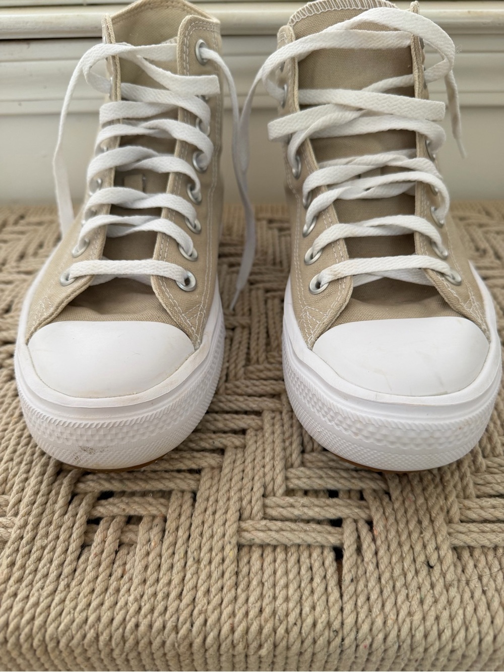 Converse Beige and White Platform High Top Sneakers - Picture 4 of 7